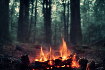 Burning fire in the forest. Beautiful landscape of nature. and trees. Sparks and flames. Rest by the fire. Camping in the woods