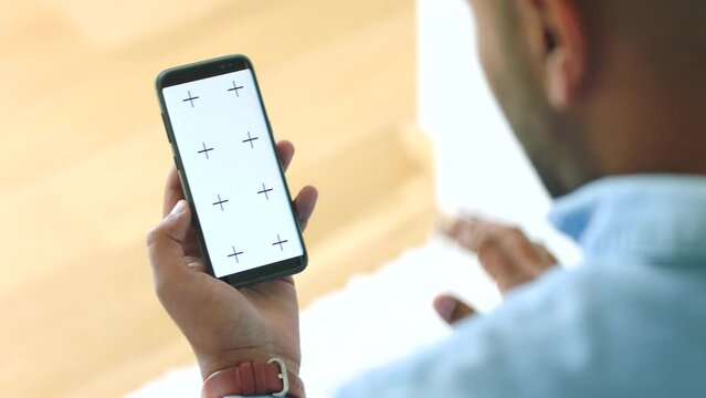 Video call, phone and man with screen mockup waving on zoom, conference chat or company networking communication. Wave hands, house or living room on technology, tracking marker on 5g smartphone