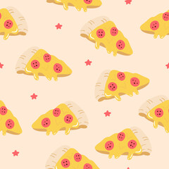 Seamless pattern with pizza. Collection of vector pepperoni pizza slices. Fast food concept. Cute vector illustration for print, wrapping and decoration