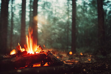 Burning fire in the forest. Beautiful landscape of nature. and trees. Sparks and flames. Rest by the fire. Camping in the woods