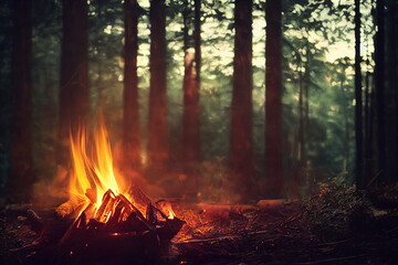 Burning fire in the forest. Beautiful landscape of nature. and trees. Sparks and flames. Rest by the fire. Camping in the woods