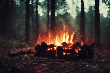 Burning fire in the forest. Beautiful landscape of nature. and trees. Sparks and flames. Rest by the fire. Camping in the woods