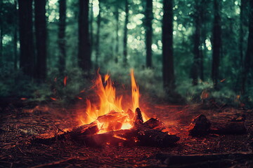 Burning fire in the forest. Beautiful landscape of nature. and trees. Sparks and flames. Rest by the fire. Camping in the woods