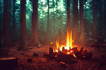 Burning fire in the forest. Beautiful landscape of nature. and trees. Sparks and flames. Rest by the fire. Camping in the woods