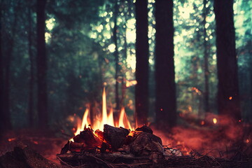 Burning fire in the forest. Beautiful landscape of nature. and trees. Sparks and flames. Rest by the fire. Camping in the woods