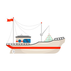 Fishing boat vector illustration. Fisherman trawlers, ships with cranes lifting nets isolated on white. Food and seafood industry, marine job