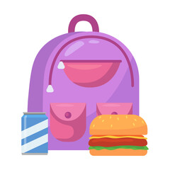 School lunch box vector illustration. Lunchbox with healthy food in backpacks for kids on white background. Lunch time in school, food boxes, picnic concept