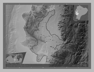 Guayas, Ecuador. Grayscale. Labelled points of cities