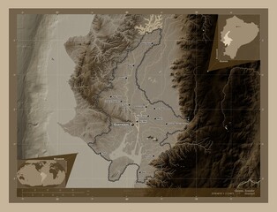 Guayas, Ecuador. Sepia. Labelled points of cities