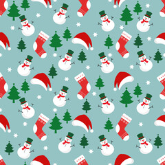 Christmas seamless pattern with santa hat, sock and snowman on pastel green background. Seasonal celebration abstract surface. Christmas decoration vector illustration.