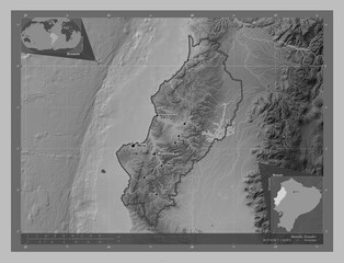Manabi, Ecuador. Grayscale. Labelled points of cities