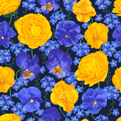 Seamless pattern with Buttercups (Ranunculus), Pansies (Viola) and Forget-me-nots. Yellow and blue flowers on dark background. Realistic style, handmade. Cards, textiles, gift wrapping, advertising