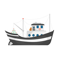 Obraz premium Fishing boat vector illustration. Fisherman trawlers, ships with cranes lifting nets isolated on white. For food and seafood industry, marine job