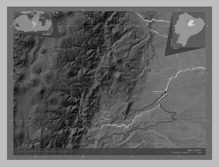 Napo, Ecuador. Grayscale. Labelled points of cities