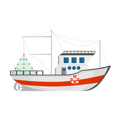 Fishing boat vector illustration. Ships with cranes lifting nets isolated on white. For food and seafood industry, marine job, transportation concept