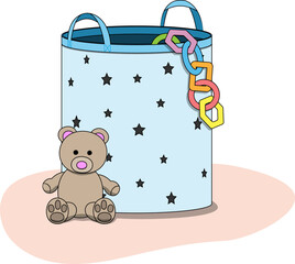 Textile basket for toys with cute plush teddy bear. Colorful vector cartoon illustration for children isolated on white background.