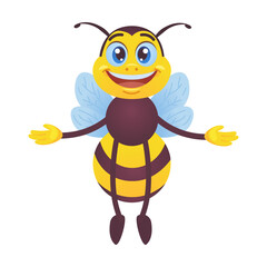 Happy bee. Funny mascot character, bumblebee flying, waving hello at hive isolated on white. Vector illustrations for beekeeping, honey production, cartoon character concept