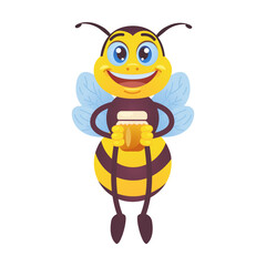 Funny bee character, bumblebee flying, carrying honey, waving hello at hive isolated on white. Vector illustrations for beekeeping, honey production, cartoon character