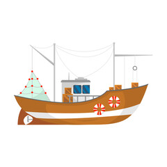 Fishing boat vector illustration. Fisherman trawlers, ships with cranes lifting nets isolated on white. For food and seafood industry, marine job, transportation concept