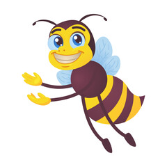 Happy bee. Funny mascot character, bumblebee flying, carrying honey, waving hello at hive isolated on white. Vector illustrations for beekeeping, honey production, cartoon character concept