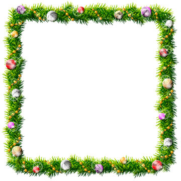 Thin christmas square wreath with decorative beads and baubles. Rectangle frame of pine branches isolated on white. Vector image for christmas, new years day, decoration, winter holiday, design, etc