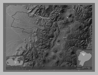 Pichincha, Ecuador. Grayscale. Labelled points of cities
