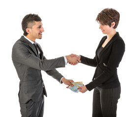 Businessman is paying businesswoman isolated on transparent background