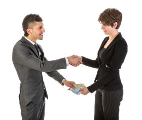 Businessman is paying businesswoman isolated on transparent background