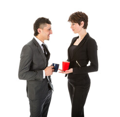 Businessman and woman having a break with a cup of coffee isolated on transparent background