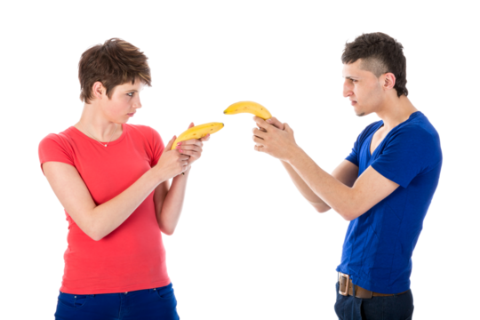 Man and woman shooting each other with bananas isolated on transparent background