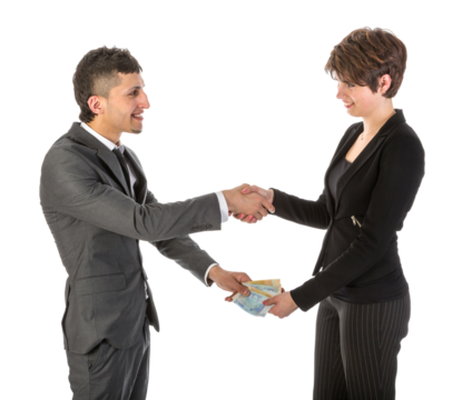 Businessman is paying businesswoman isolated on transparent background