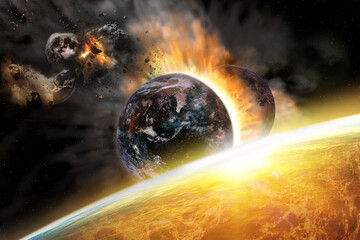 Apocalypse on Earth, view from the sun on the planet Earth torn in half and fragments of the Moon in orbit. Decline of civilization. Elements of this image furnished by NASA.