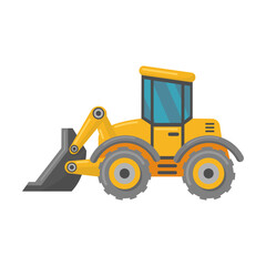 Yellow construction trucks flat vehicle. Cartoon excavators, tractor and bulldozers isolated vector illustration. Building machines and industry concept