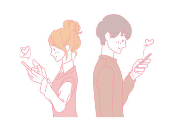 スマホで気持ちを伝える若い男女　告白　いいね　マッチング　恋人
