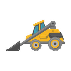 Yellow truck flat vehicle. Cartoon excavators, crane trucks, tractors and bulldozers isolated vector illustration. Building machines and industry concept