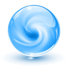 3D crystal, glass sphere, blue with abstract spiral shape inside marble blue ball illustration.