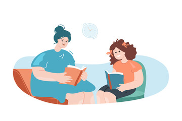Mother and daughter reading book flat vector illustration. Mom studying with kid. Education, family, knowledge, motherhood, happiness concept for banner, website design or landing web page