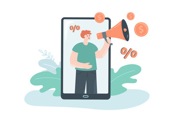 Shop assistant with megaphone announcing sale on phone screen. Man on smartphone screen, percent signs, gold coins flat vector illustration. Discount, shopping concept for banner, website design