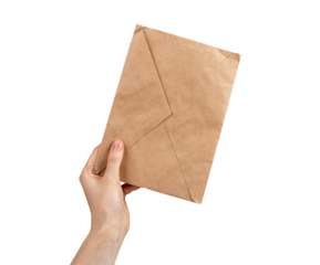 Craft paper envelope in hand isolated on white