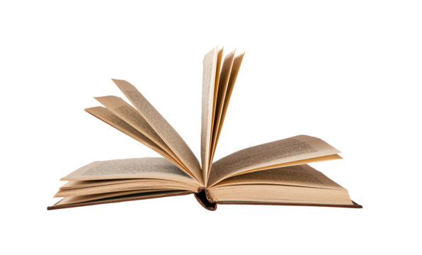 Open book with abstract turning pages isolated on white background