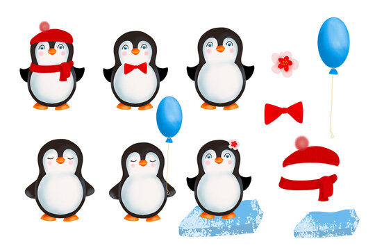 Penguins illustration character design, funny penguins, cartoon style, raster image
