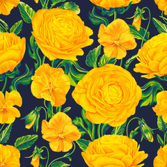 Botanical floral seamless pattern with yellow realistic flowers. Buttercups, ranunculus and pansies violets with lettuce leaves on a dark background. Design clothes, textiles, cards, invitation