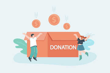 People collecting money for donation flat vector illustration. Happy man and woman near huge donation box. Charity, support, assistance, help concept for banner, website design or landing web page