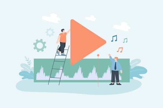 Tiny music producers with song track. Musicians using for creating, mixing or editing song flat vector illustration. Music production, multimedia concept for banner, website design or landing web page