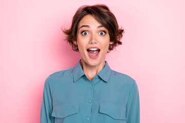 Obraz na płótnie Canvas Closeup photo of young attractive pretty nice woman open mouth speechless cute reaction sale black friday deal isolated on pink color background