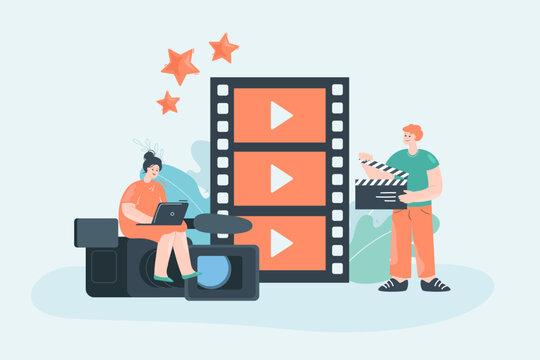Tiny cinema industry workers with huge camera and film. Woman editing movie, man with clapboard flat vector illustration. Multimedia, content, video production concept for banner, website design