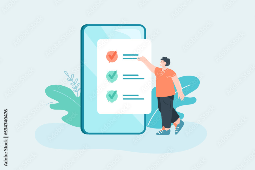 Poster tiny worker showing checklist on huge phone screen. man with list of tasks or requirements flat vect