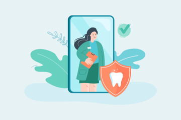 Smiling dentist on phone screen with checkmark and tooth. Online consultation with dental professional flat vector illustration. Dentistry, medicine, technology concept for banner, website design