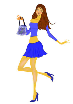 Beautiful fashion woman in blue dress vector image.Fashion woman with bag illustration.