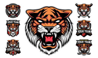 Tiger Head Mascot Logo with logo set for team football, basketball, lacrosse, baseball, hockey , soccer .suitable for the sports team mascot logo .vector illustration.